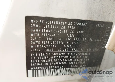 2014 Volkswagen Tiguan Se z USA, uszkodzony, nr VIN WVGBV3AX0EW539399